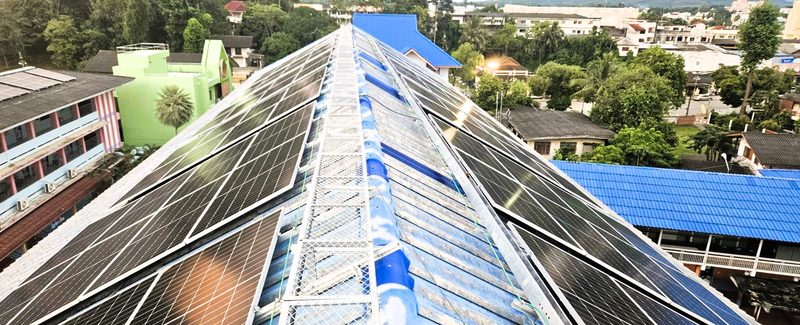 Close-up of the solar array on a school roof
