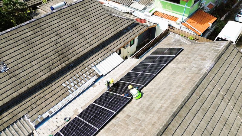 Aerial view of the roof with panels along the main pitch